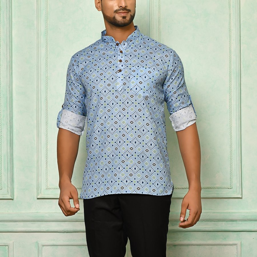 

Kurta Court Géométrique Imprimé En Coton Bleu Pour Homme