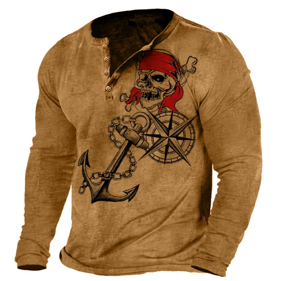 

T-shirt Vintage à Manches Longues Pour Hommes Col Henley Ancre Crâne Imprimé Moto Voyage Sur Route