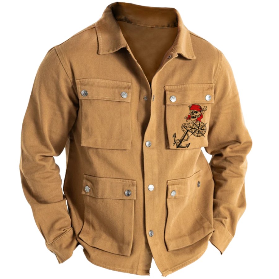 

Veste Chemise à Manches Longues Pour Hommes Rétro Imprimé Crâne D'ancre Moto Voyage Sur Route