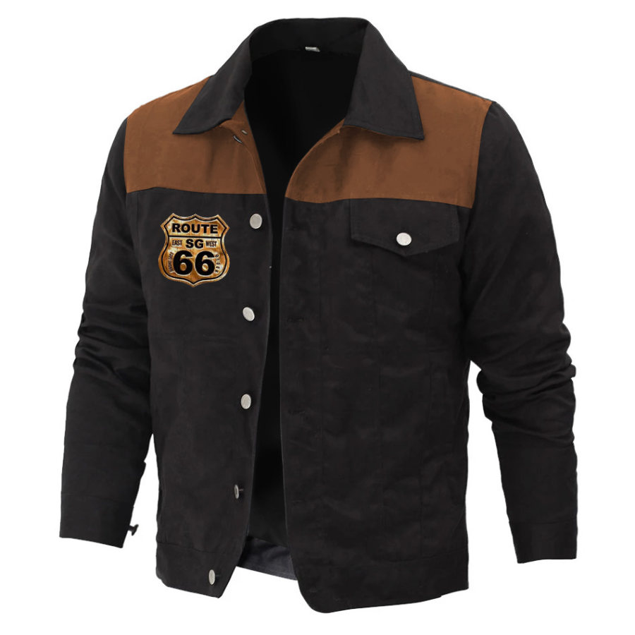 

Herrenjacke Vintage Route 66 Outdoor-Farbblock-Taschen-Revers-Mantel