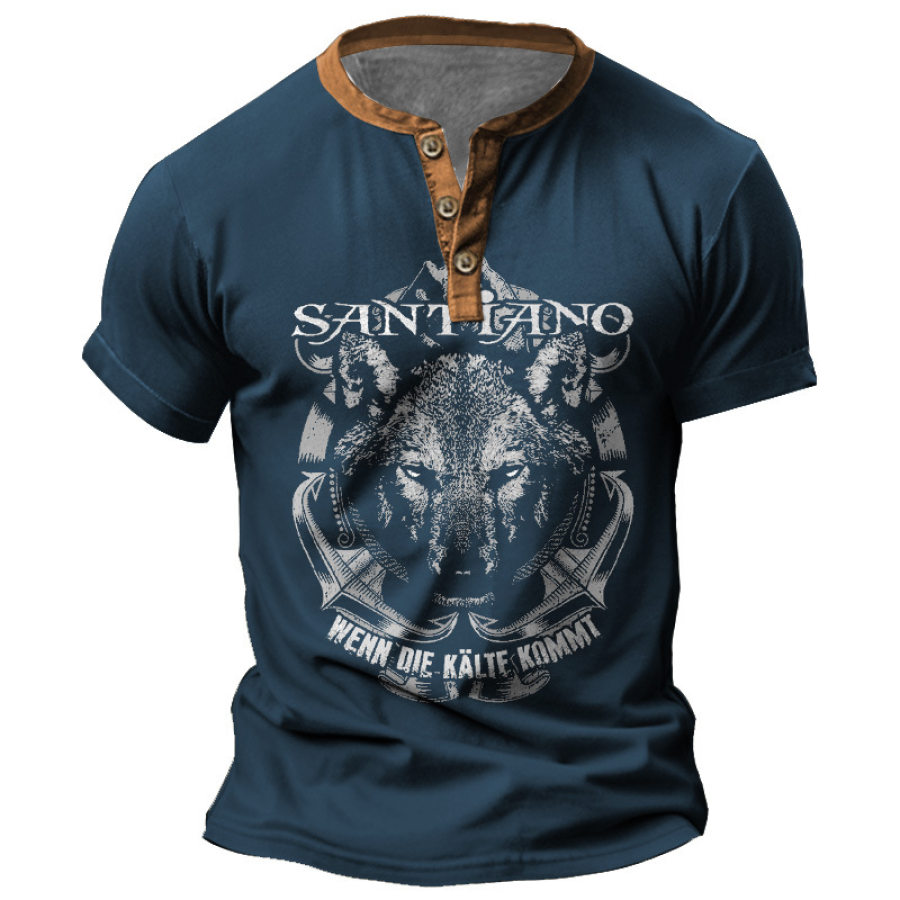 

Herren T-Shirt Henley Santiano Wolf Print Vintage Sommer Alltagsoberteile