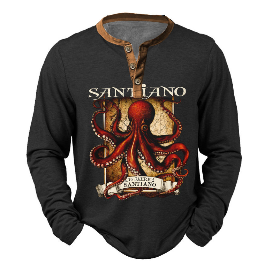 

T-Shirt Homme Henley Santiano Octopus Rock Band Manches Longues Vintage Quotidien Hauts