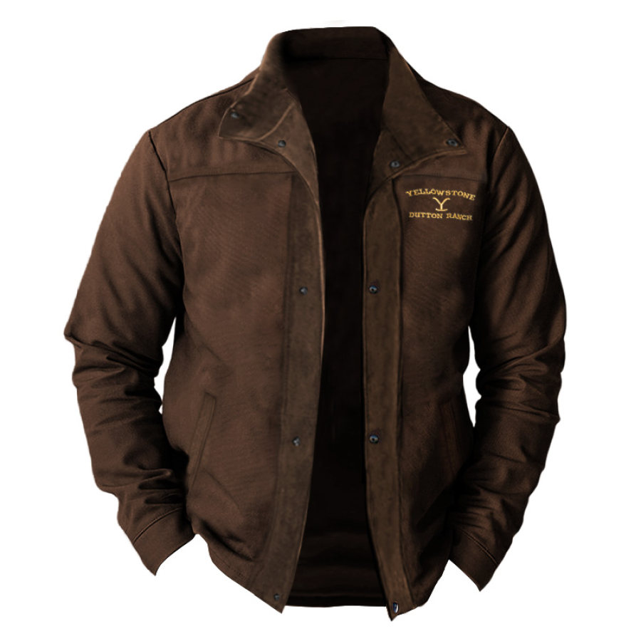 

Chaqueta De Hombre Vintage Yellowstone Dutton Ranch Bordado Al Aire Libre Bolsillo Soporte Cuello Abrigo