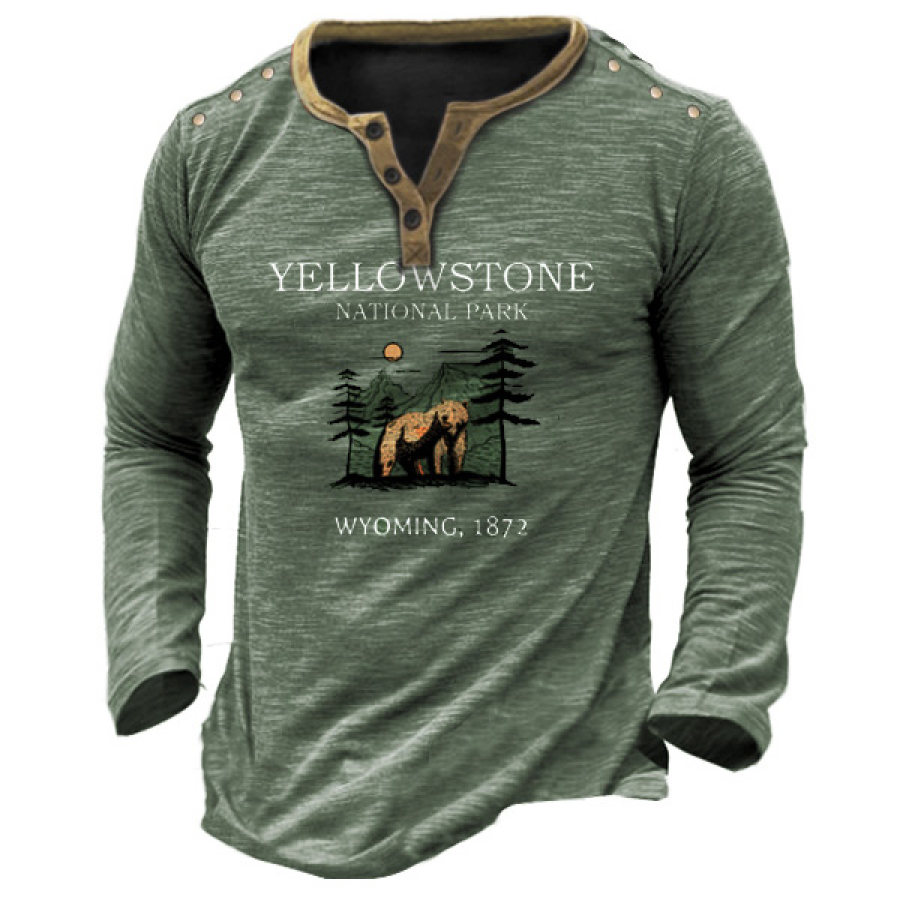 

Langärmliges Herren-T-Shirt Mit Henley-Kragen Und Yellowstone-Print