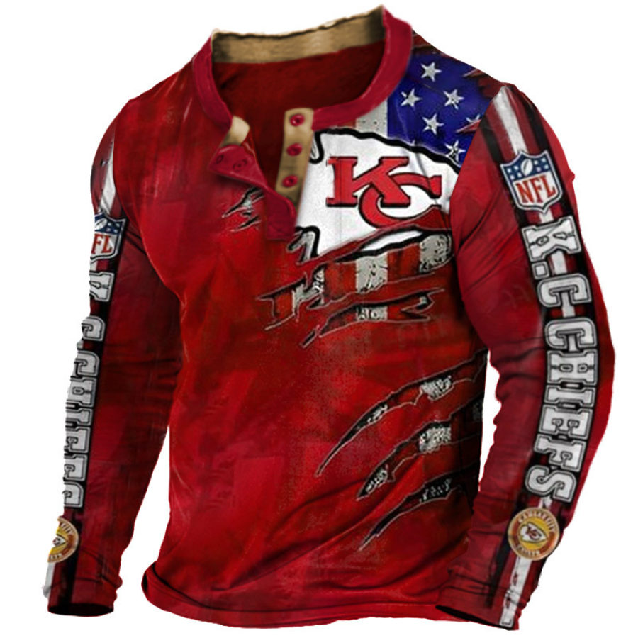 

Men's Kansas City Chiefs Printed NFL Super Bowl Color Block Henley Shirt
