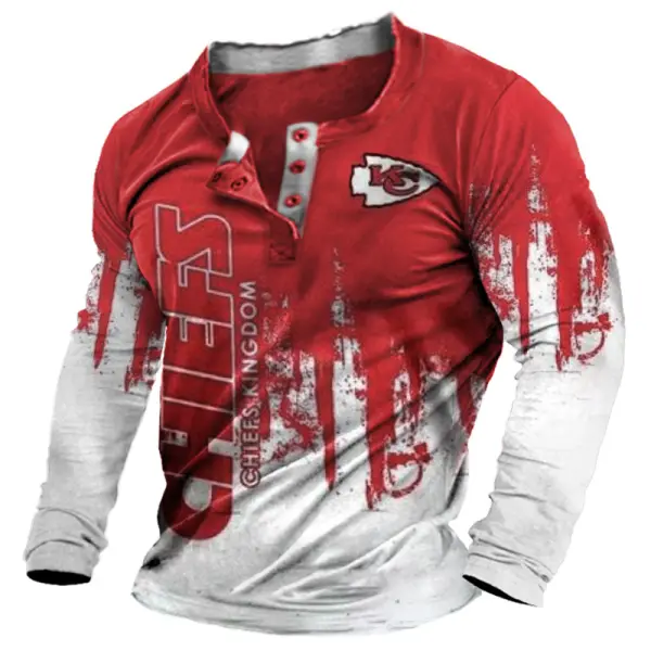Men's Kansas City Chiefs Printed NFL Super Bowl Color Block Henley Shirt - Cotosen.com