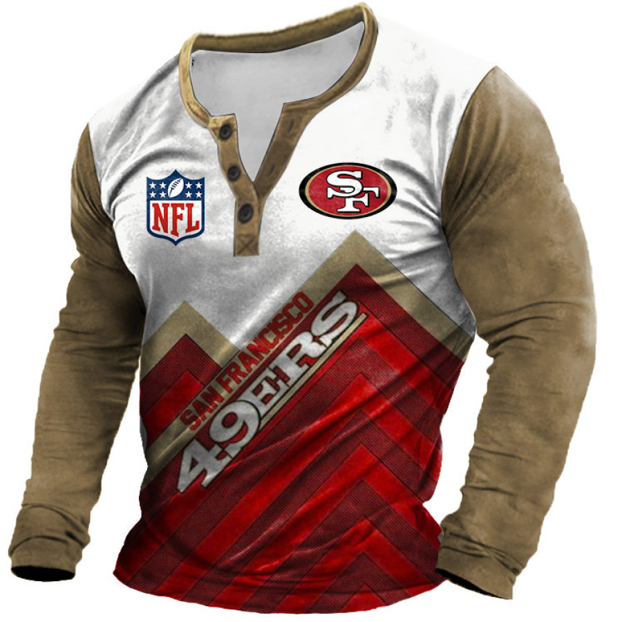 

Мужская футболка Henley San Francisco 49ers NFL с принтом и длинными рукавами на открытом воздухе