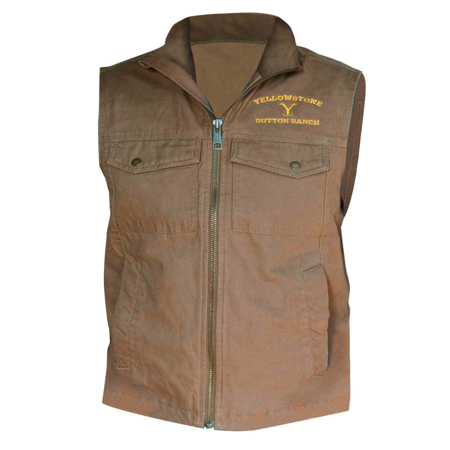 

Chaleco Con Cuello Alto Y Múltiples Bolsillos Bordado Yellowstone Dutton Ranch Para Hombre