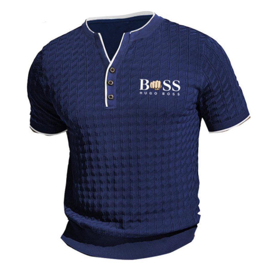 

Men's Boss Knit Henley Shirts Short Sleeve T-shirt Waffle Casual Daily Tee