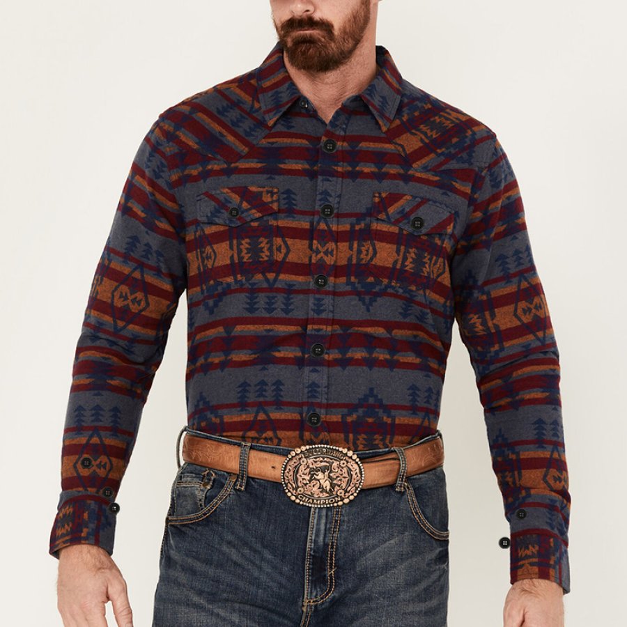 

Chemise Western à Manches Longues Avec Imprimé Fire Water Pour Hommes Avec Boutons-pression Perlés Grands Sheplers