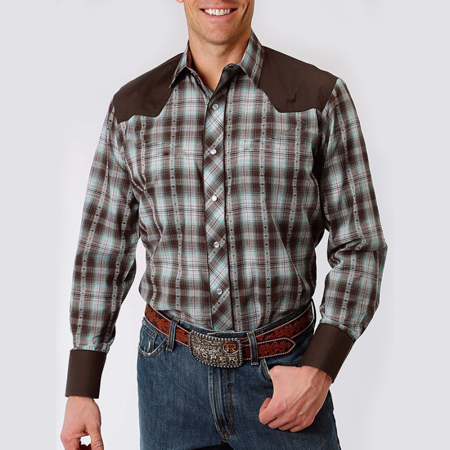 

Chemise Rétro De Couleur Contrastée Imprimée à Carreaux En Denim Américain Western