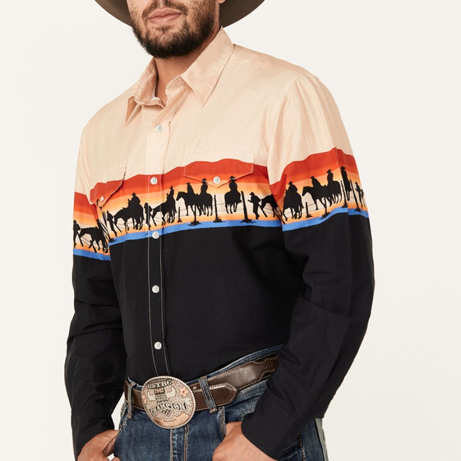 

Men's Vintage Cowboy Print Long Sleeve Pearl Snap Western Shirt