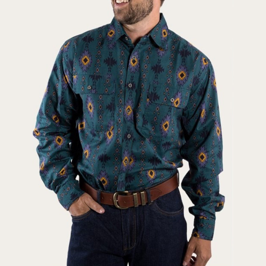

Повседневная рубашка из денима в стиле вестерн с графическим принтом в стиле ретро