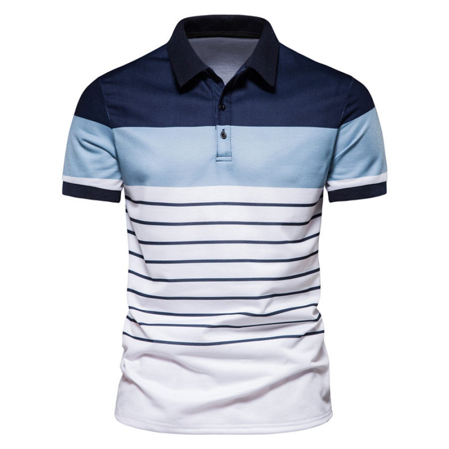 

Men's Fashionable Striped Patchwork Contrasting Color Short Sleeved Lapel Polo Shirt