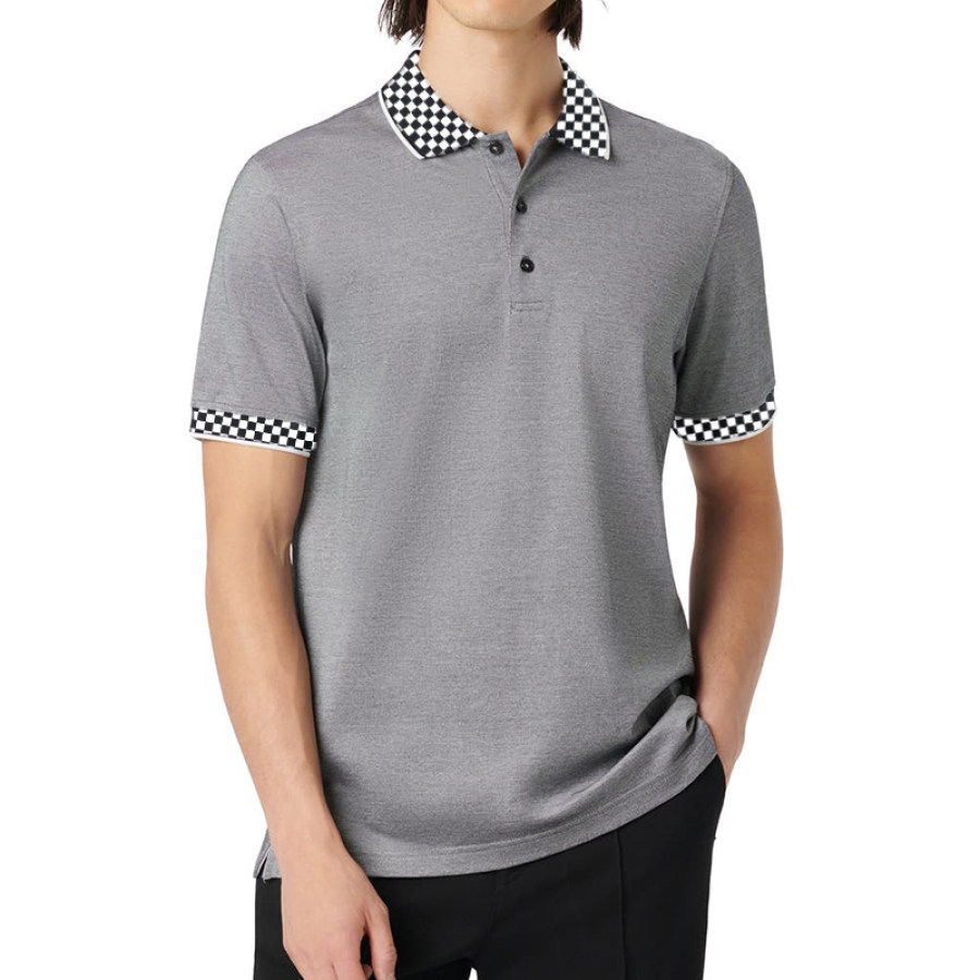 

Men's Checkerboard Collar Contrast Color Polo Shirt With Cuffs