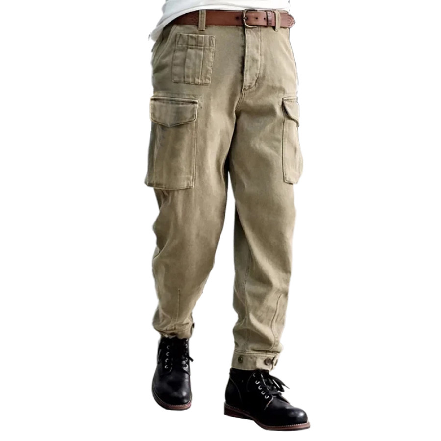 

Men's Outdoor Retro Solid Color Washed Cotton Distressed Pocket Cargo Trousers