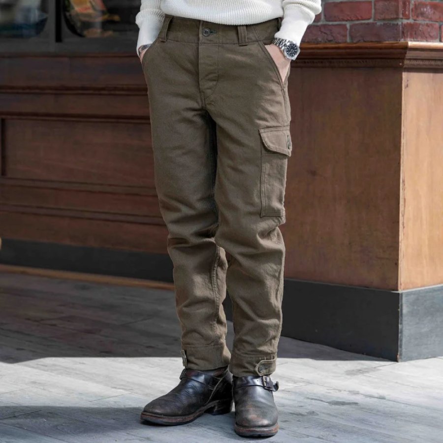 

Pantalon De Travail De Chasse Multi-poches Vintage Pour Hommes Couleur Unie Coton Lavé Pantalon En Détresse