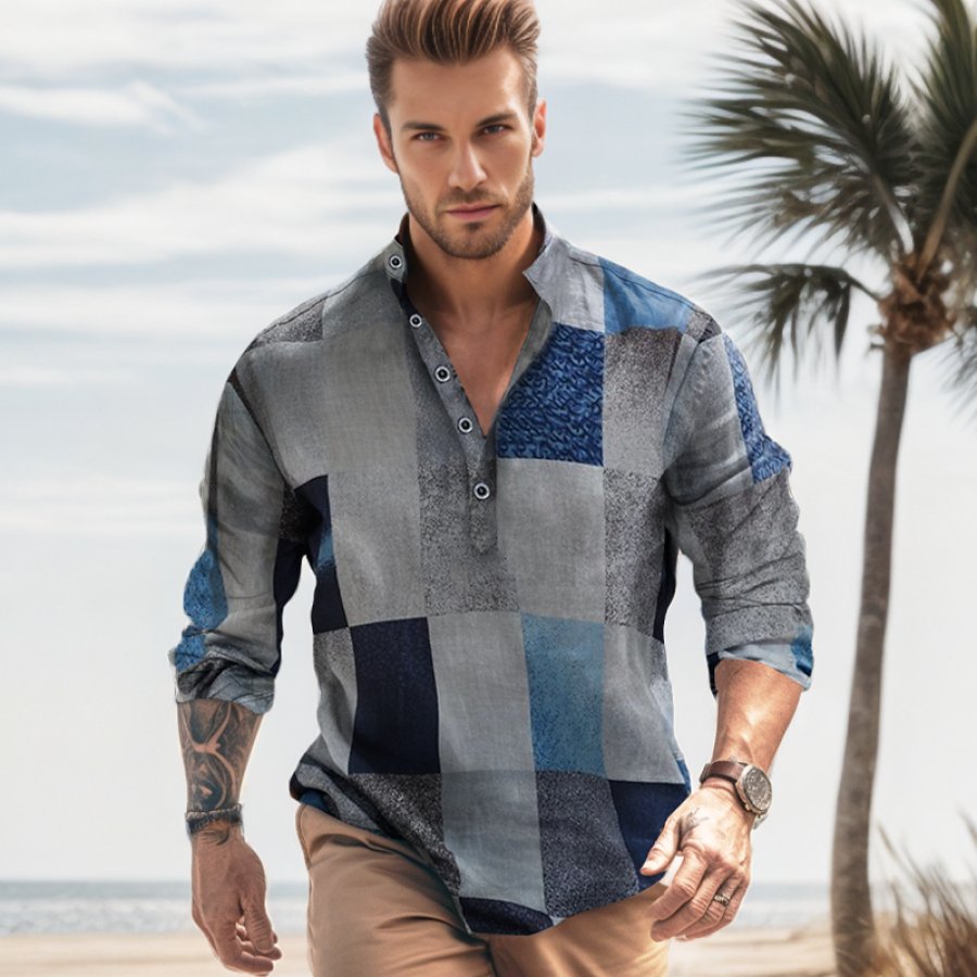 

Herren-Leinenhemd Freizeithemd Kariertes Hemd Kariertes Grafikdruckmuster Stehkragen Outdoor-Streetwear