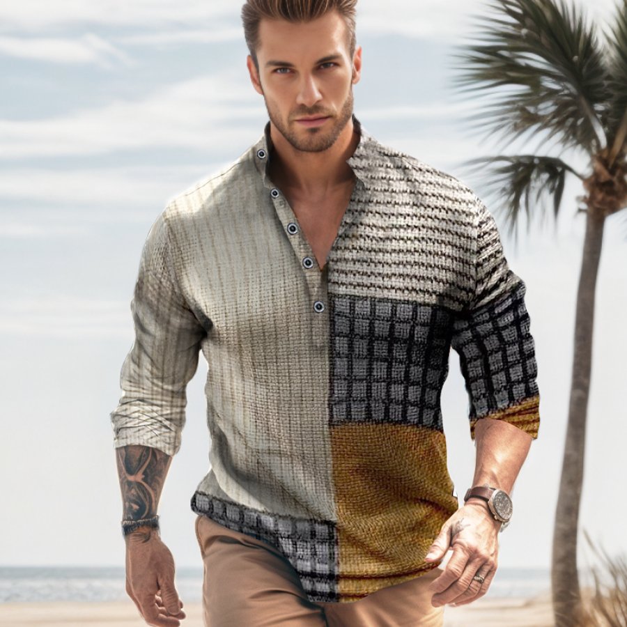 

Мужская льняная гавайская рубашка повседневная рубашка клетчатая рубашка с графическим принтом и воротником-стойкой уличная уличная одежда