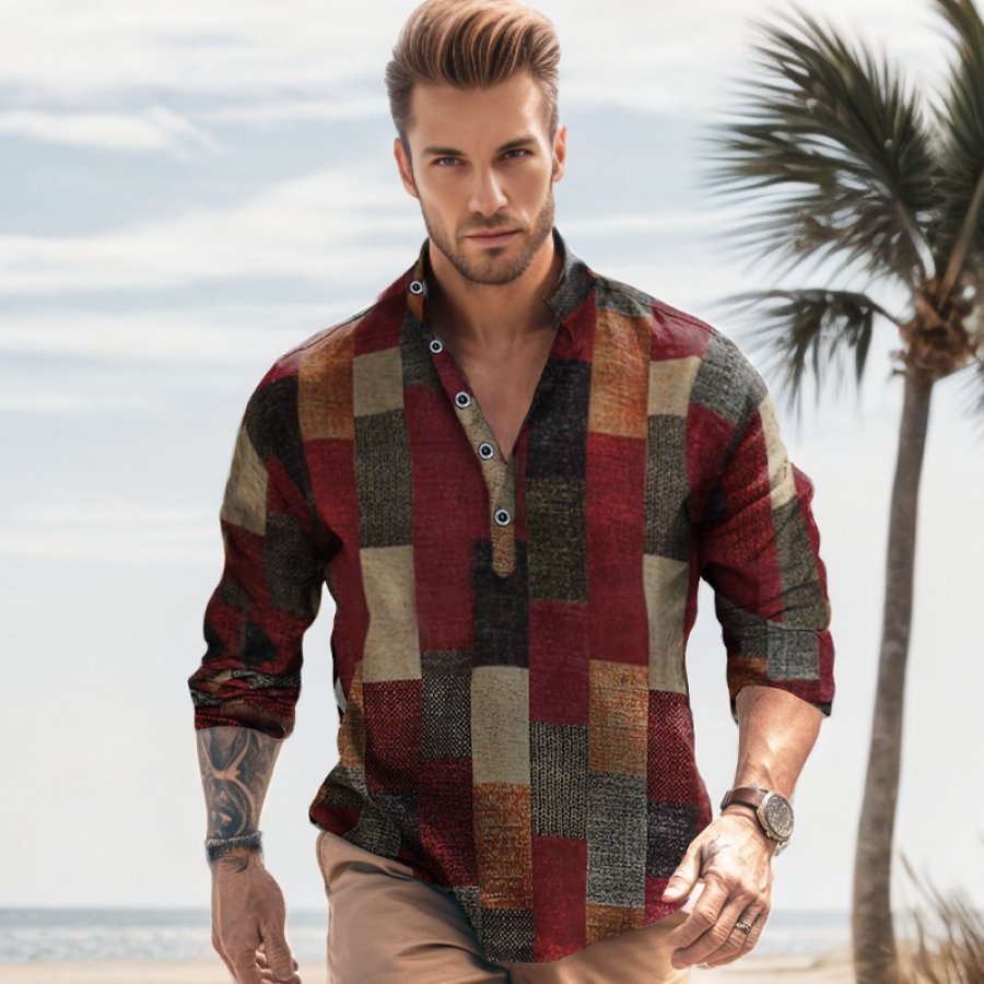 

Camisa De Lino Para Hombre Camisa Casual Estampados Gráficos A Cuadros Cuello Alto Ropa De Calle Al Aire Libre