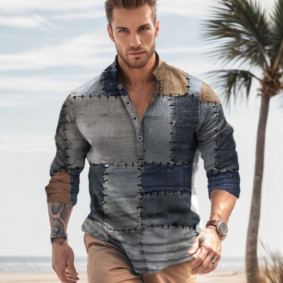 

Мужская льняная гавайская рубашка повседневная рубашка клетчатая рубашка с графическим принтом и воротником-стойкой уличная уличная одежда