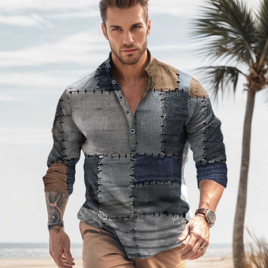 

Herren-Leinen-Hawaii-Hemd Freizeithemd Kariert Grafikdrucke Stehkragen Outdoor-Streetwear