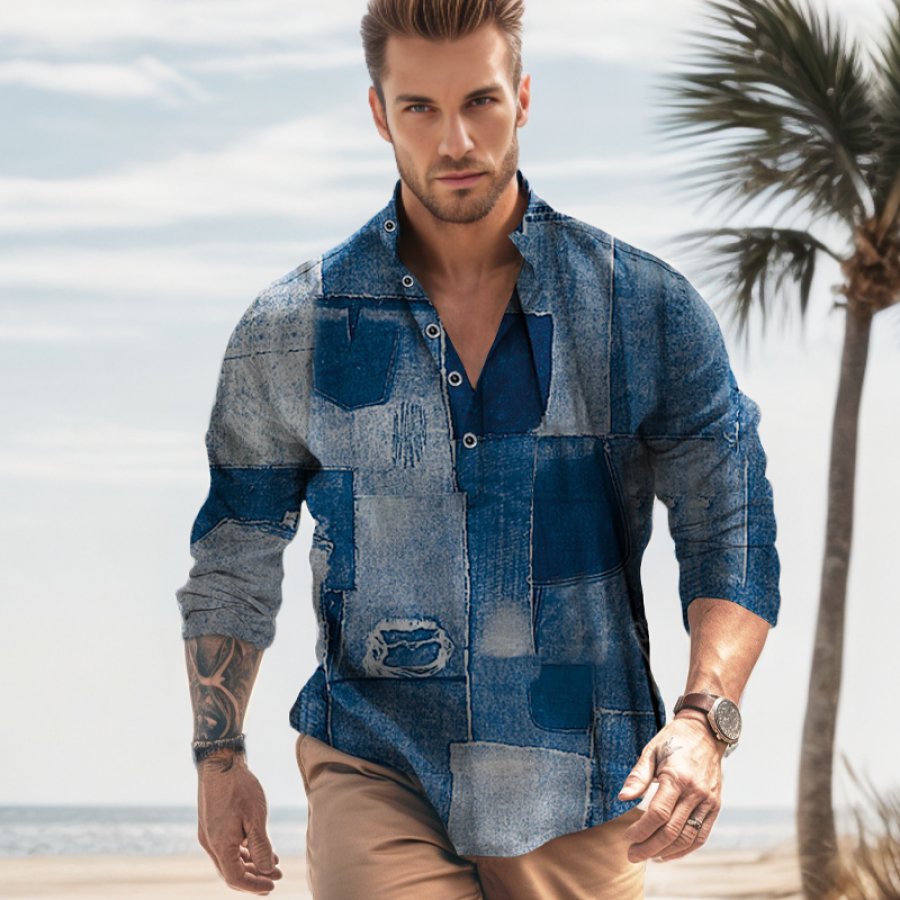 

Chemise En Lin Pour Hommes Chemise Décontractée Denim Imprimés Graphiques Col Montant Vêtements De Rue En Plein Air