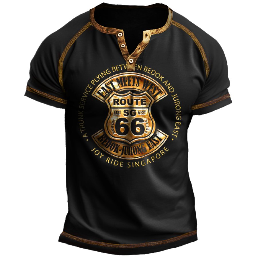 

Camiseta Vintage Con Cuello Henley Ruta 66 Para Hombre