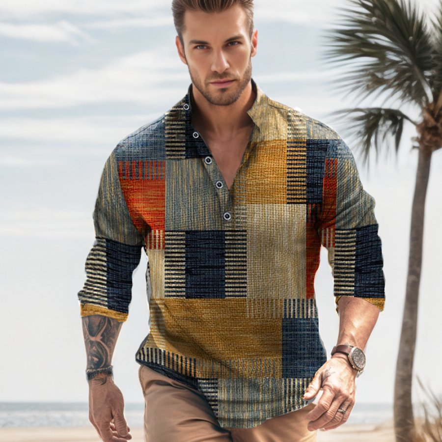 

Chemise Hawaïenne En Lin Pour Hommes Décontractée à Carreaux Imprimés Graphiques Col Montant Streetwear D'extérieur