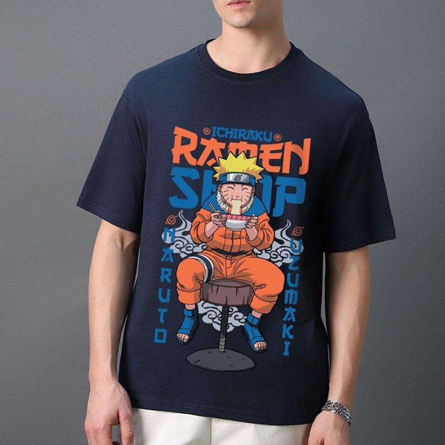 

T-shirt Surdimensionné Bleu Imprimé Graphique Ramen Lover Pour Hommes