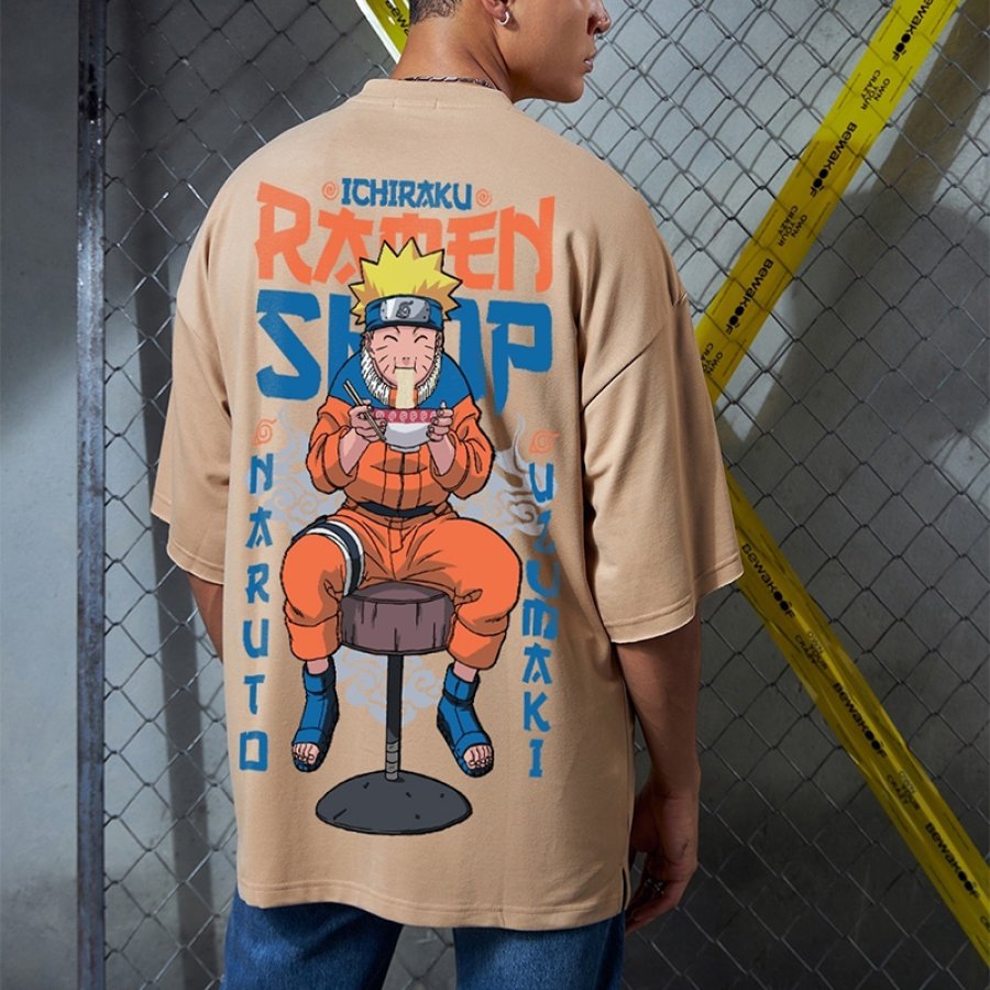 

Men's Brown Ramen Lover Graphic Print Oversized T-shirt