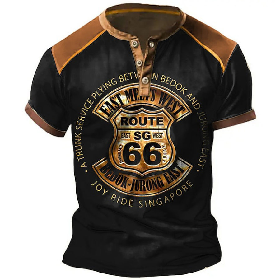 

Herren T-Shirt Vintage Route 66 Henley Colorblock Kurzarm Sommer Alltag Tops Schwarz