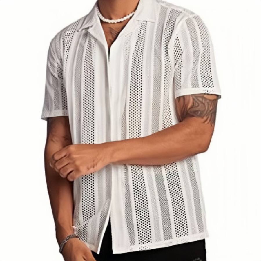 

Men's Street Casual Button Knitted Short Sleeve Shirt Tops Men's Shirt Cutout