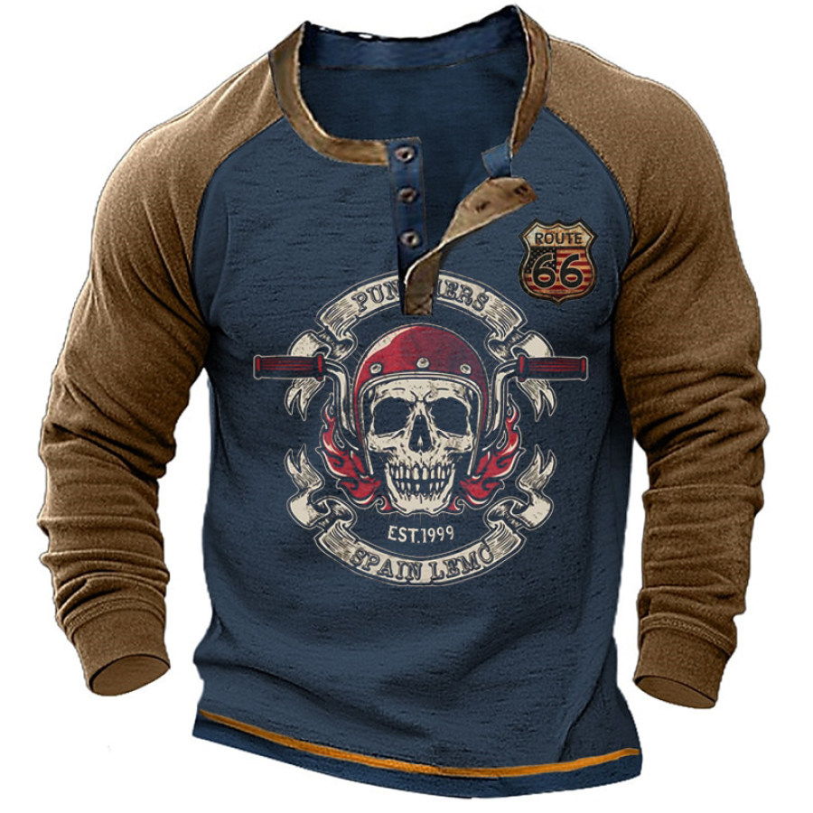 

Henley Herren-T-Shirt Mit Totenkopf-Motorrad Vintage Route 66 Kontrastfarbe Langärmelig