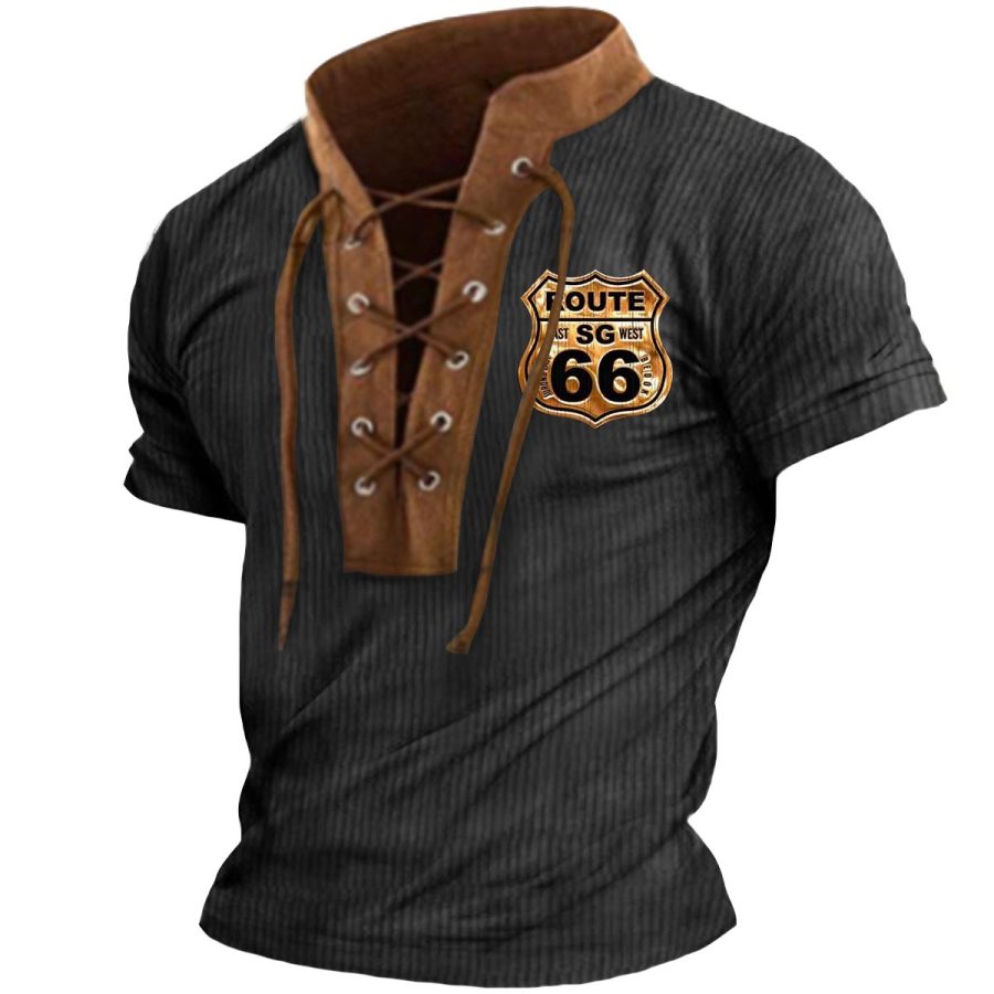 

Мужская футболка Route 66 на шнуровке с воротником-стойкой в винтажном стиле с короткими рукавами и цветными блоками летние повседневные топы