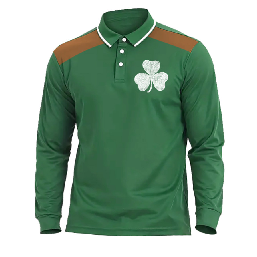 

T-Shirt Polo Pour Hommes Trèfle De La Saint-Patrick Couleur Contrastée Manches Longues Hauts Quotidiens