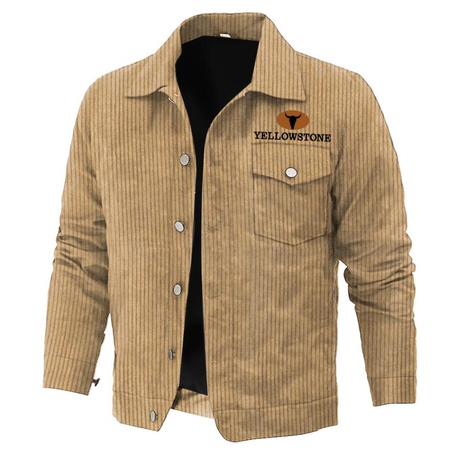 

Chaqueta De Hombre Ligera De Pana Vintage Con Estampado De Yellowstone Y Bolsillo Para Exteriores Con Solapa