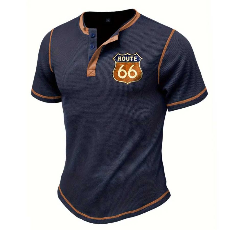 

Men's Henley T-Shirt Vintage Route 66 Waffle Colorblock Short Sleeve Summer Daily Tops