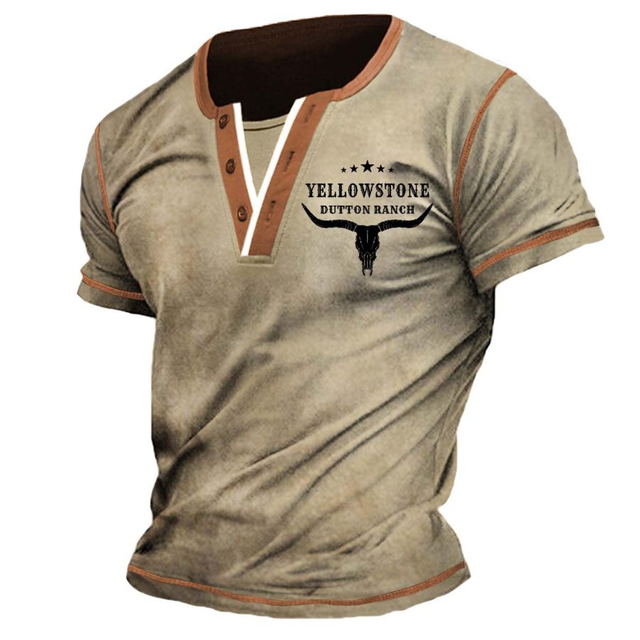 

Herren Henley T-Shirt Vintage Yellowstone Colorblock Kurzarm Sommer Alltag Tops
