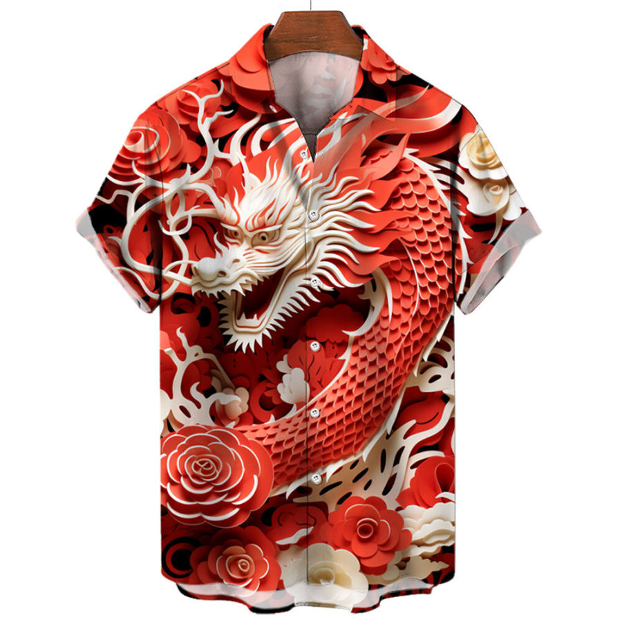 

Camisa Hawaiana Para Hombre Con Gráfico Artístico De Dragón Dorado