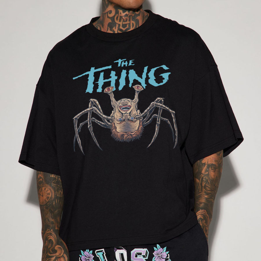 

Men's Oversize Cropped T-Shirt Vintage The Thing Horror Short Sleeve Tee