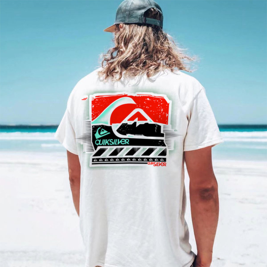 

T-shirt Décontracté à Manches Courtes Pour Hommes Imprimé Surf Vacances à La Plage