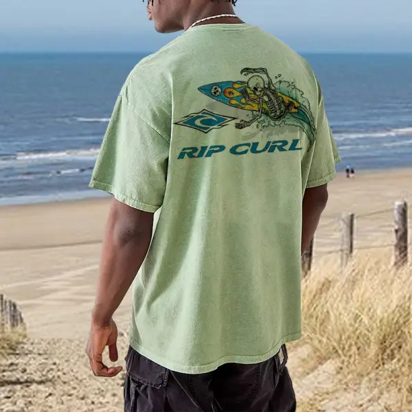 Oversized Men's Retro Surf Print Beach Vacation T-Shirt Green - Albionstyle.com 