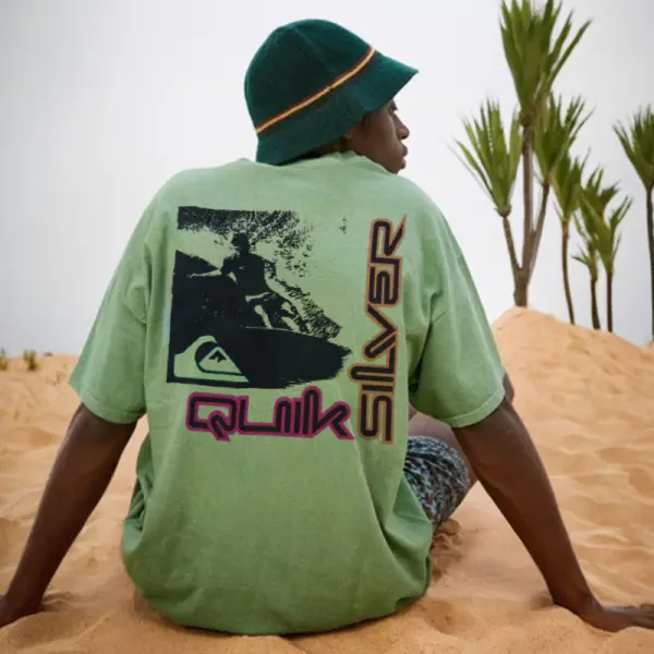 Oversized Men's Retro Surf Print Beach Vacation T-Shirt Green - Cotosen.com
