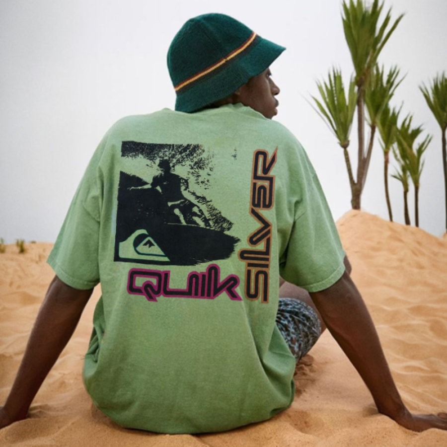 

Übergroßes Herren-T-Shirt Mit Retro-Surf-Print Und Strandurlaub In Grün