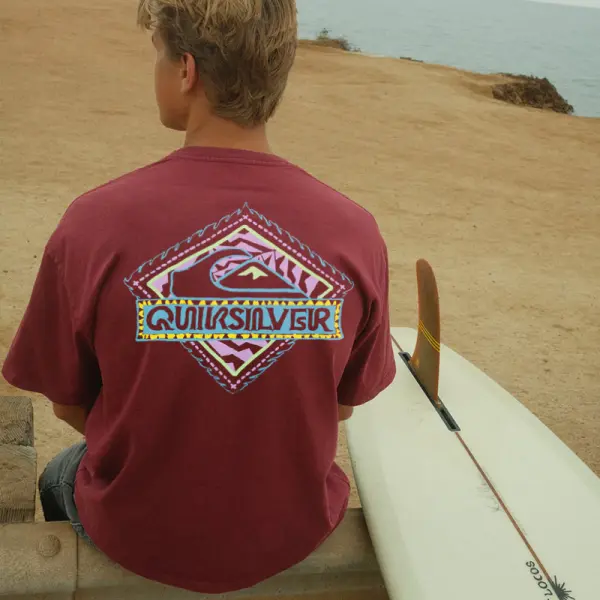 Oversized Men's Retro Surf Print Beach Vacation T-Shirt Red - Salolist.com 