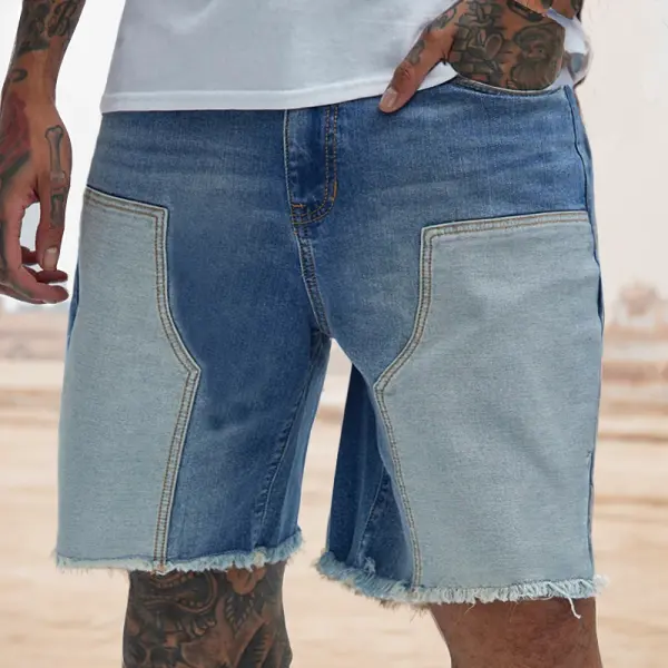 Men's Retro Color Block Spliced denim Shorts Brushed Washed Jorts - Cotosen.com