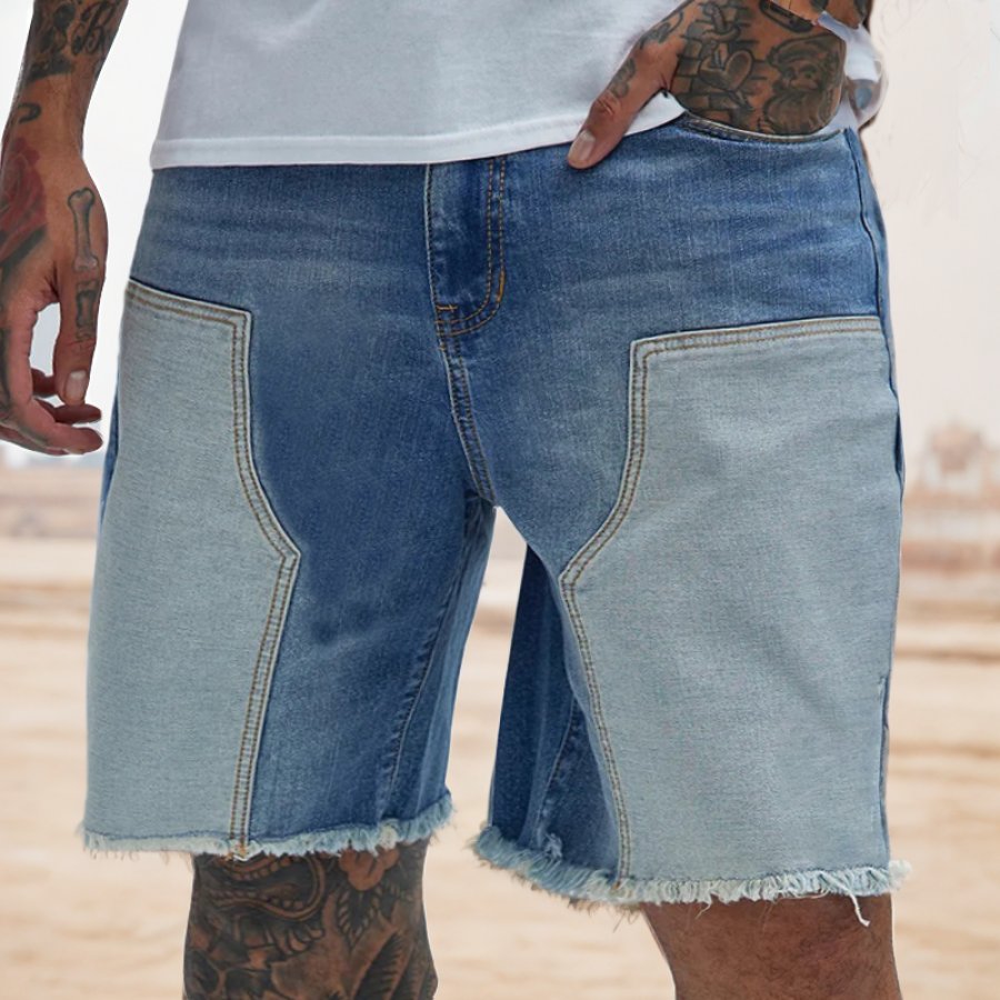 

Gespleißte Jeans-Shorts Im Retro-Farbblock-Stil Für Herren Mit Gebürsteter Waschung