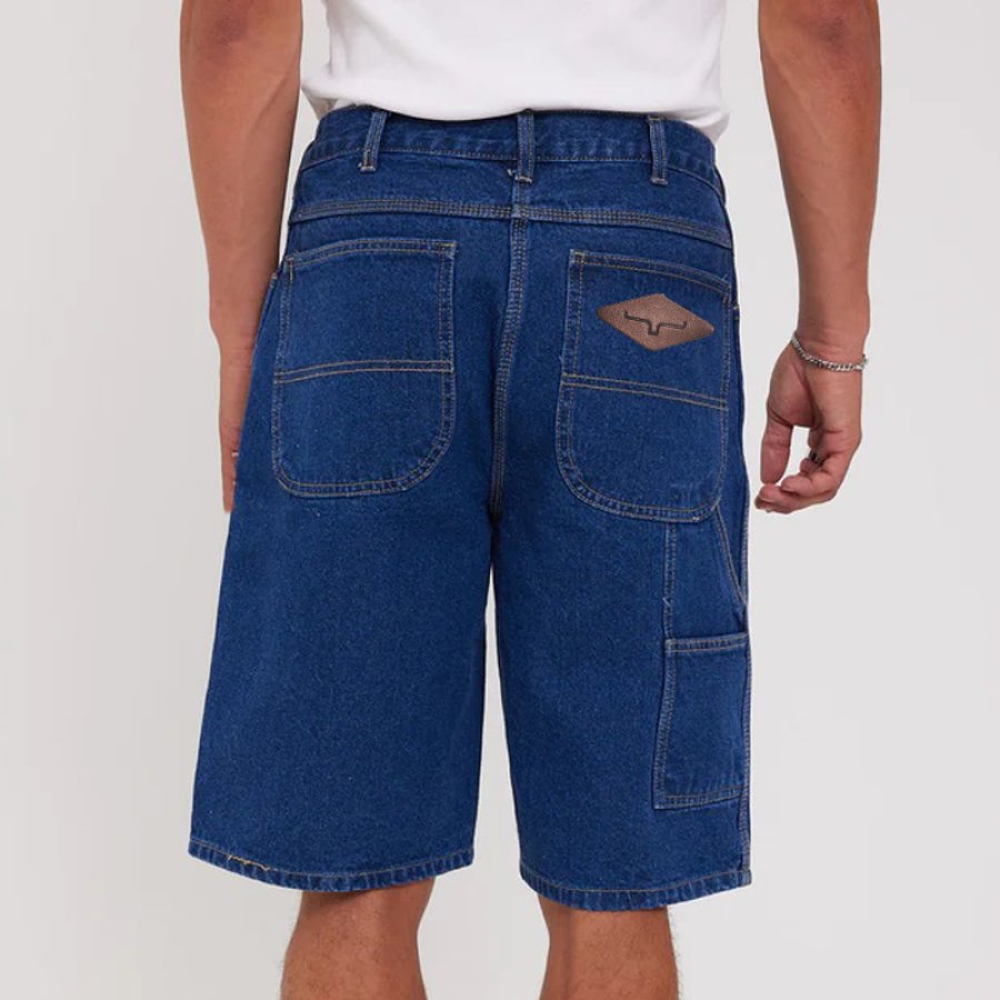 

Short En Denim épissé Rétro Yellowstone Color Block Pour Hommes Jorts Délavés Brossés