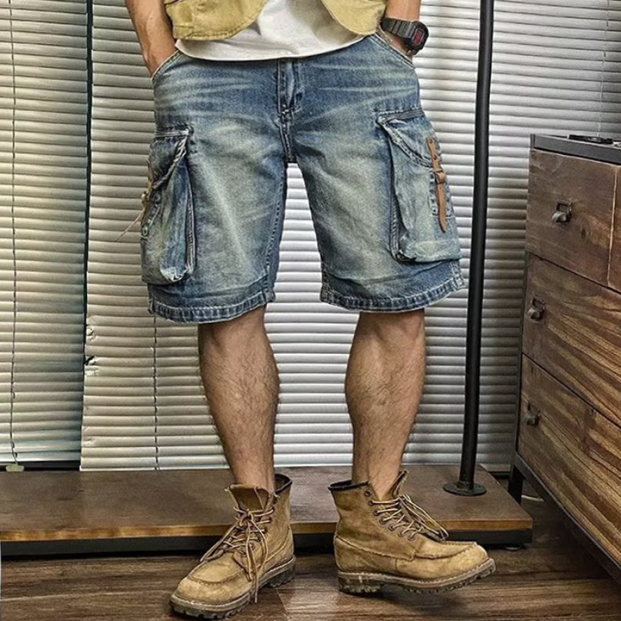 

Short En Denim Cargo Délavé Vintage Pour Hommes Jorts Surdimensionnés